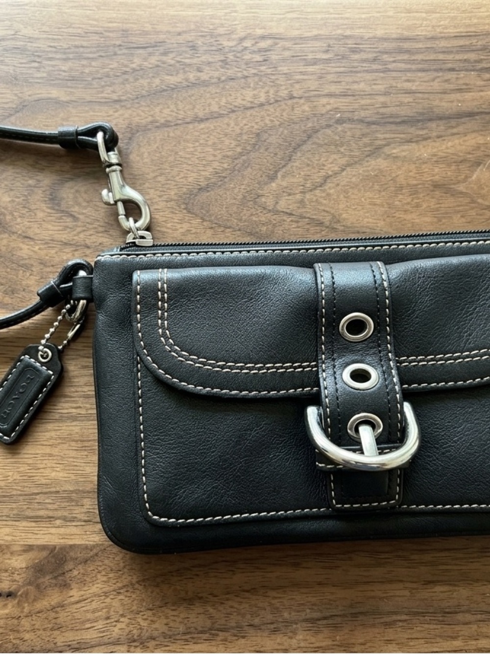 Coach SoHo Y2K Black Leather Wristlet with Silver-Tone Buckle